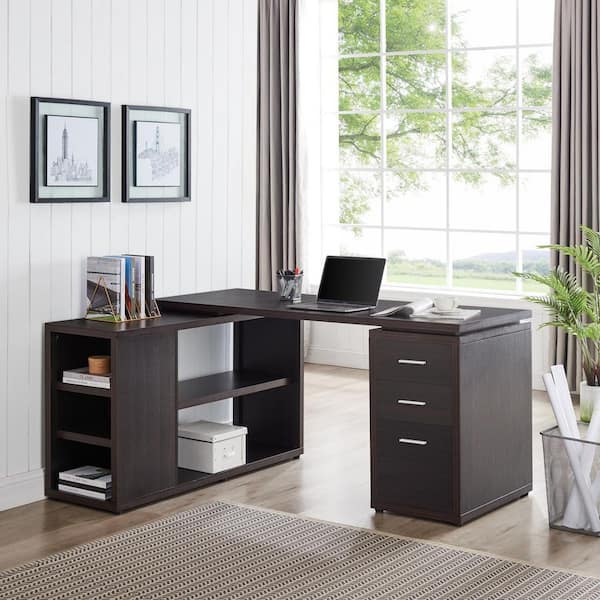 HOMESTOCK Espresso L Shaped Desk with Drawers, L Shaped Office Desk, L Shaped Computer Desk, Corner L Desk with Drawers