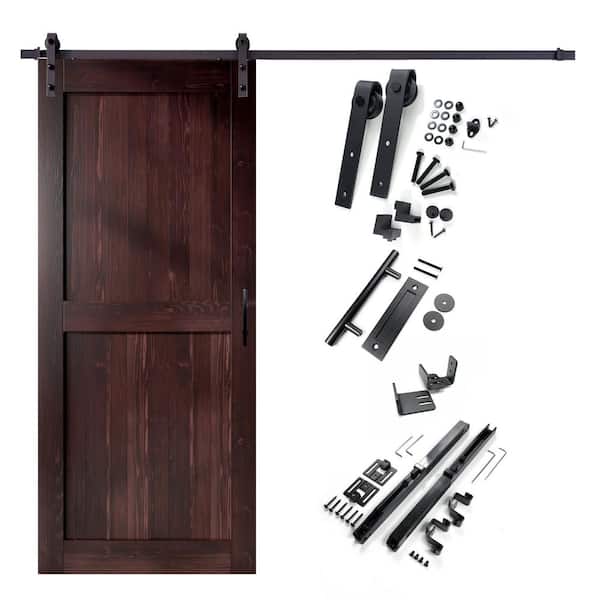 HOMACER 60 in. x 84 in. H-Frame Red Mahogany Solid Pine Wood Interior Sliding Barn Door with Hardware Kit Non-Bypass