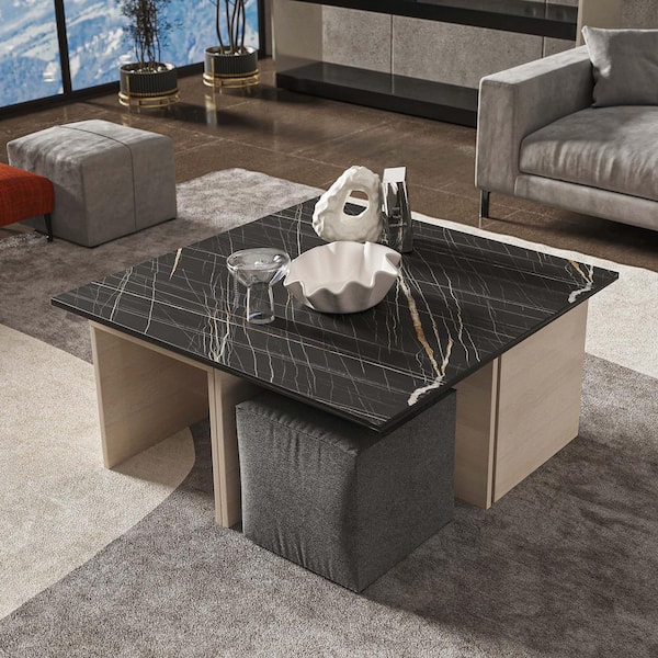 Manhattan Comfort Haley Mid-Century Modern 37.4 in. White and Black Marble Square Composite Wood Nested Coffee Table and Ottoman Set