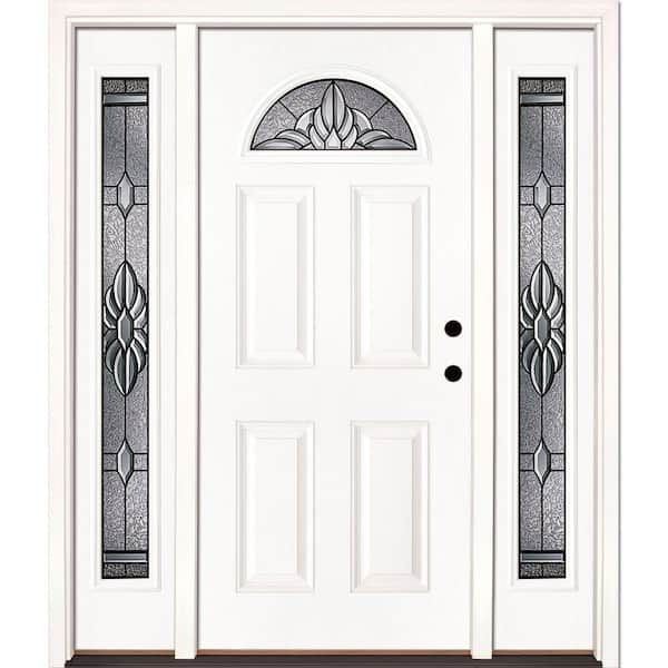 63.5 in. x 81.625 in. Sapphire Patina Fan Lite Unfinished Smooth Left-Hand Fiberglass Prehung Front Door with Sidelites