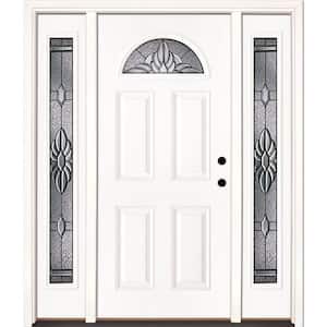 63.5 in. x 81.625 in. Sapphire Patina Fan Lite Unfinished Smooth Left-Hand Fiberglass Prehung Front Door with Sidelites
