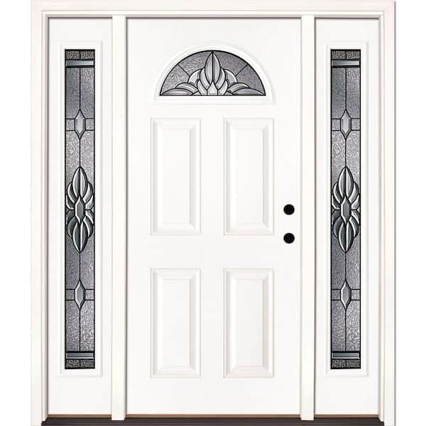 Feather River Doors 67.5 in. x 81.625 in. Sapphire Patina Fan Lite Unfinished Smooth Left-Hand Fiberglass Prehung Front Door with Sidelites