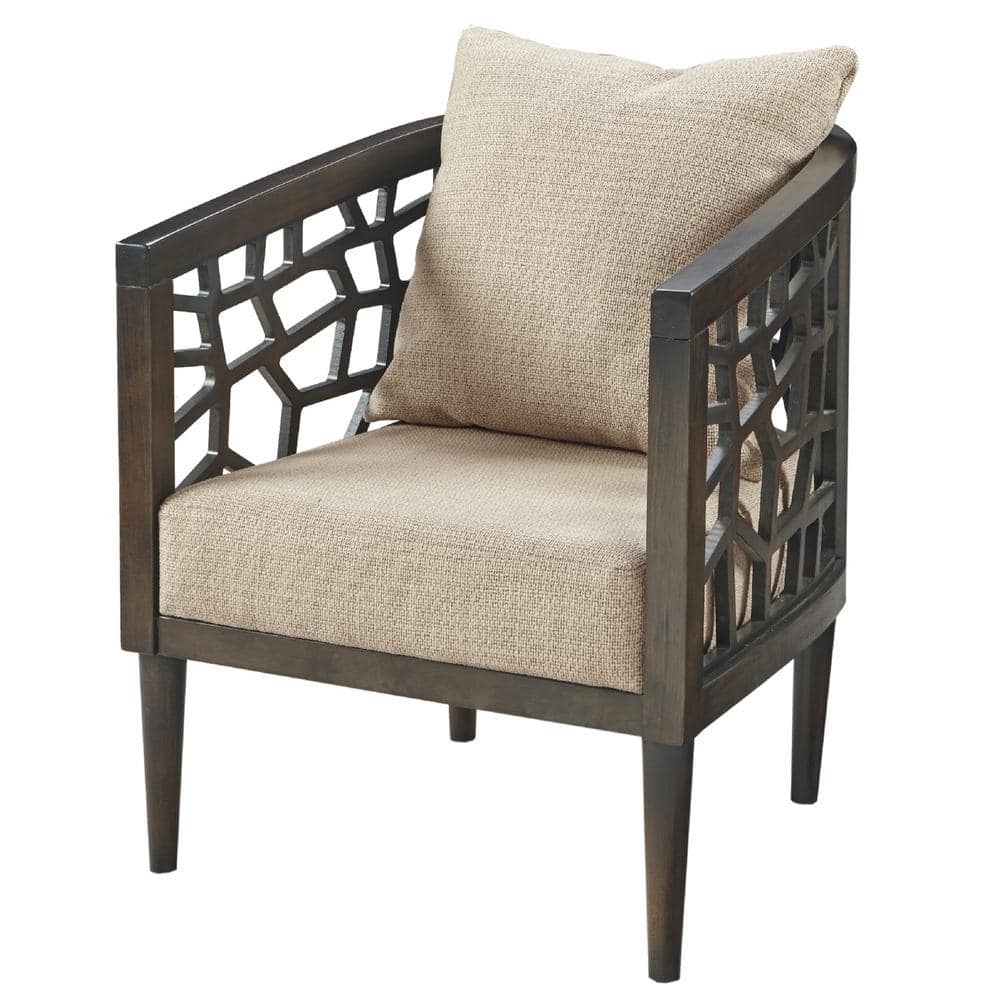 Mid-Century Tan Upholstered Wood Accent Chair with High-Density Foam