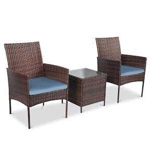 Alvino 3-Piece Wicker Rattan Outdoor Patio Bistro Set, Chairs with Thick Grey Cushion and Glass Top Coffee Table