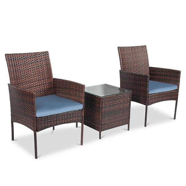 Pyramid Home Decor Alvino 3-Piece Wicker Rattan Outdoor Patio Bistro Set, Chairs with Thick Grey Cushion and Glass Top Coffee Table