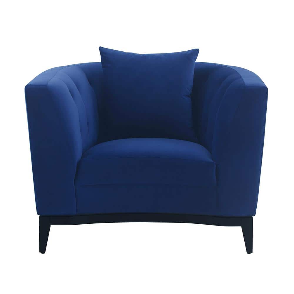 Contemporary Blue Velvet Barrel Accent Chair with Black Base