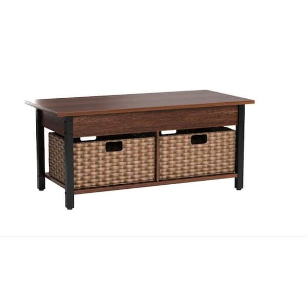ULSMVOC SMT 41 .7 in. Espresso Rectangle Lift Top Antique Wood Coffee Table with Storage Cabinet and Rattan Basket