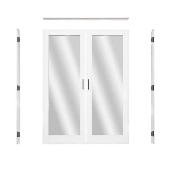 64 in. x 80 in. 1-Lite Mirrored Glass Universal White Solid Core Glass French Bi-fold Door +Separate Jamb and Ball Catch