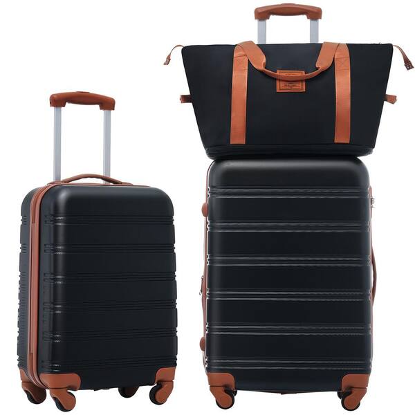 Xzkai 3-Piece Black Brown Spinner Wheels Luggage Set with Handbag