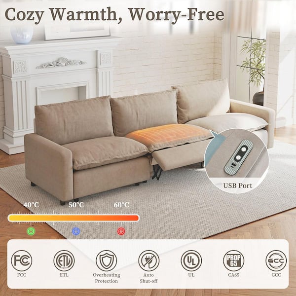 116 in. Square Arm 5-Piece U-Shaped Khaki Linen Modular Sectional Sofa with Extra Wide Cushions,Ottomans, 3-Heat Levels