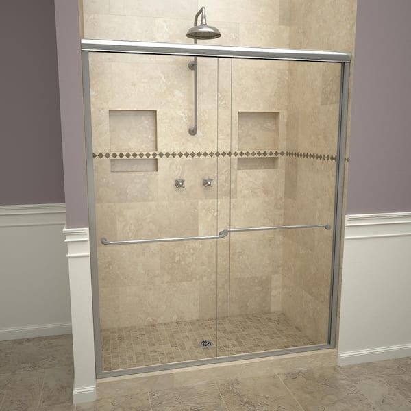 Redi Slide 1200 Series 47 in. W x 70 in. H Semi-Frameless Sliding Shower Doors in Brushed Nickel with Towel Bar and Clear Glass