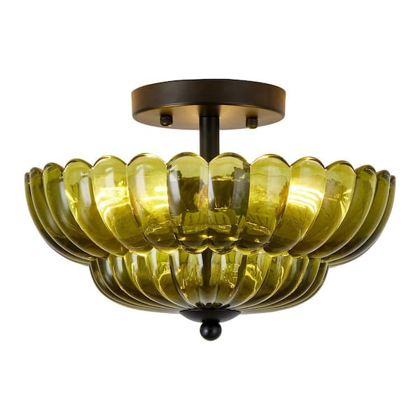 Home Lighting 11.81 in. Modern Dome Vintage Matte Black/Green Glass Semi-Flush Mount Ceiling Light for Living Room