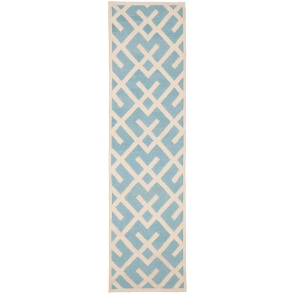 SAFAVIEH Dhurries Light Blue/Ivory 3 ft. x 6 ft. Border Geometric Runner Rug