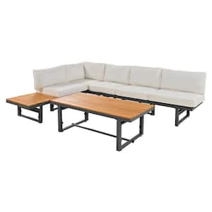 3-Piece Metal Outdoor patio Sectional Sofa Set with Height-adjustable Seating and Coffee Table with Beige Cushion