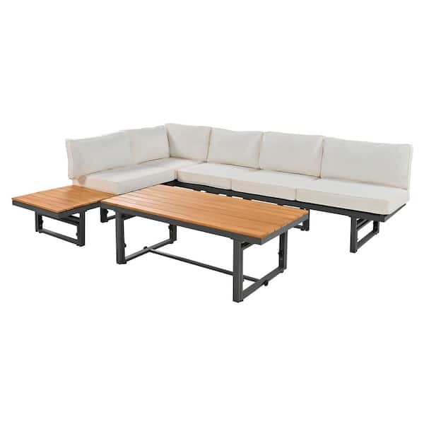 Boosicavelly 3-Piece Metal Outdoor patio Sectional Sofa Set with Height-adjustable Seating and Coffee Table with Beige Cushion