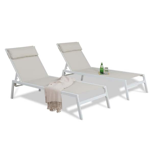 ULAX FURNITURE Adjustable Steel Sling Outdoor Chaise Lounge with Pillows in Beige (2-Pack)
