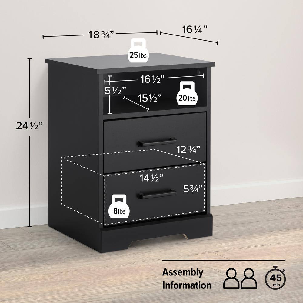 Rustic Black 2-Drawer Nightstand with Open Shelf