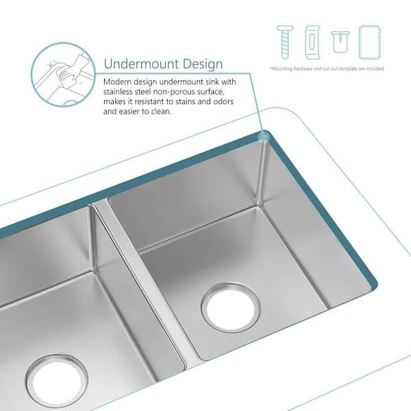 SINKDIRECT 31 in. 50/50 Double Bowl 18-Gauge Undermount Tiny