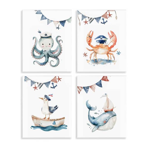 Maritime Sailor Animals by LSR Design Studio 4 Pieces Unframed Coastal Graphic Art Print 14 in. x 11 in.