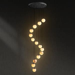 Modern 138 in. H 14-Light Black Globe Staircase Chandelier, Natural Alabaster Chandelier for High Ceiling, Foyer, Entry