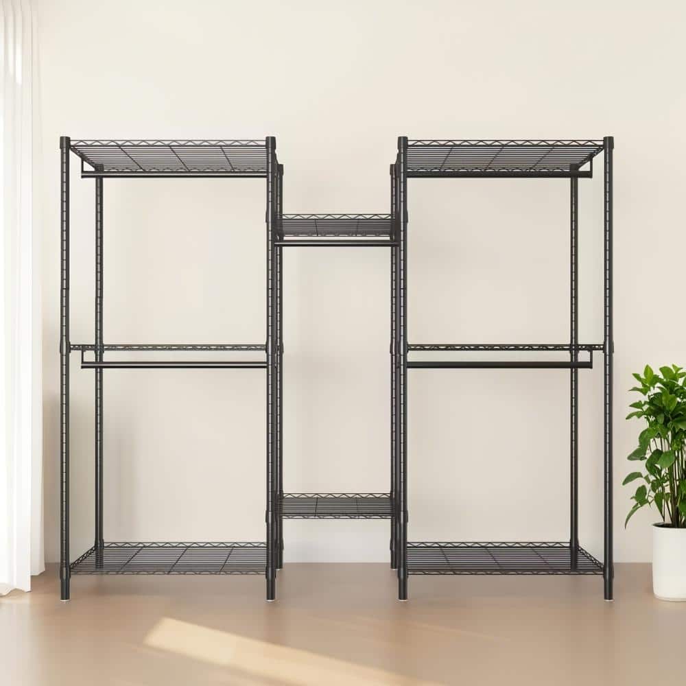 8-Shelf Black Heavy Duty Carbon Steel Storage Rack, Adjustable Wire Shelving Closet Organizer with 5 Clothes Rails