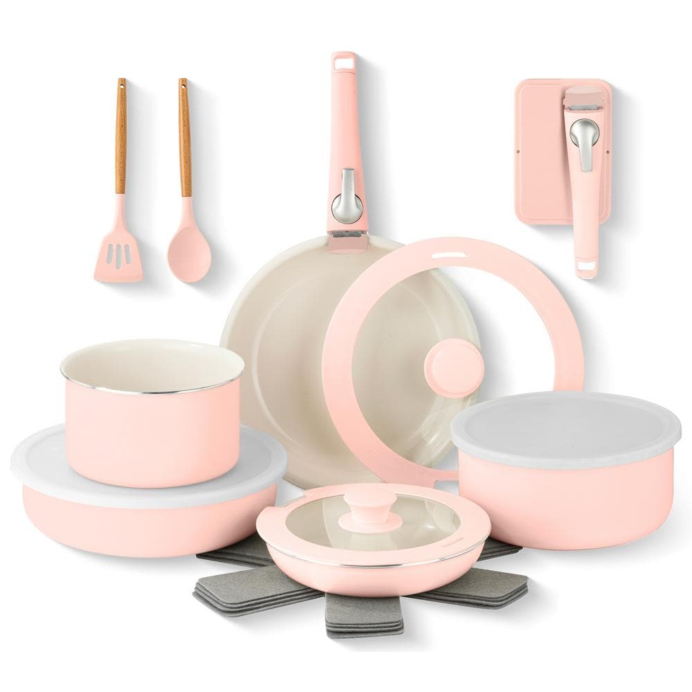 18 Piece Aluminum Ceramic Nonstick Detachable Handle Cookware Set in Pink