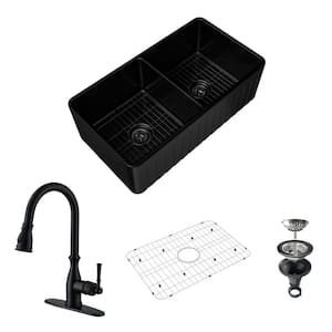 33 in. Farmhouse/Apron-Front Double Bowl Fireclay Kitchen Sink with Matte Black Faucet, Bottom Grid and Strainer Basket