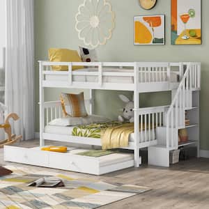 White Full Over Full Bunk Bed with Twin Size Trundle and Storage Stairs