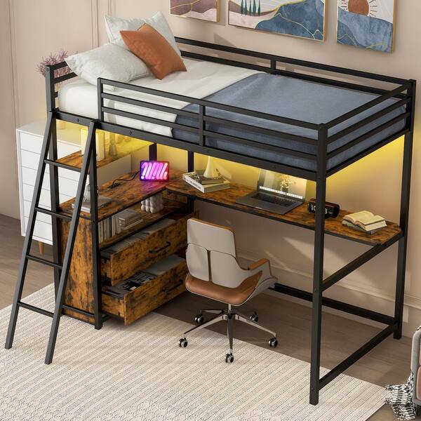 Nestfair Black Metal Twin Size Loft Bed with Desk, 2 Drawers, Shelves, LED Light and USB Charging Station