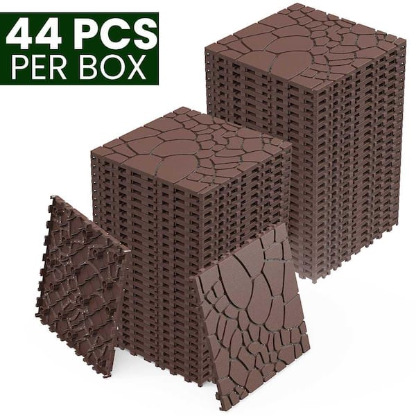 Afoxsos 1 ft. x 1 ft. Red Brown Stone Texture DIY Module Interlocking Deck Tiles for Porch Poolside Balcony Backyard (44-Pack)
