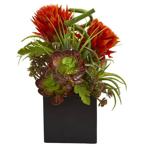 Nearly Natural Indoor Tropical Flower and Succulent Artificial Arrangement in Black Vase
