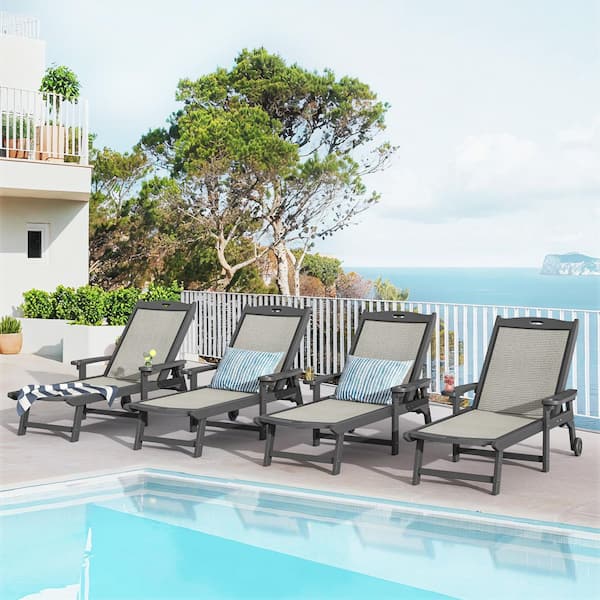 4-Piece Dark Gray HDPS Plastic Patio Outdoor Chaise Lounge Chairs with Wheel Adjustable Textilene Recliner
