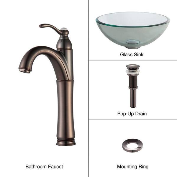 KRAUS Glass Vessel Sink with Single Hole Single-Handle High-Arc Riviera Faucet in Oil Rubbed Bronze