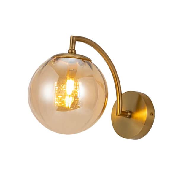 OUKANING 5.9 in. 1-Light Gold and Amber Modern Wall Sconce with Amber Glass Shade for Bedroom Living Room Hallway