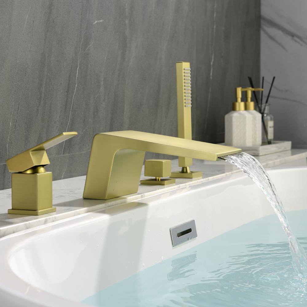 Brushed Gold Single-Handle Waterfall Tub Faucet with Hand Shower
