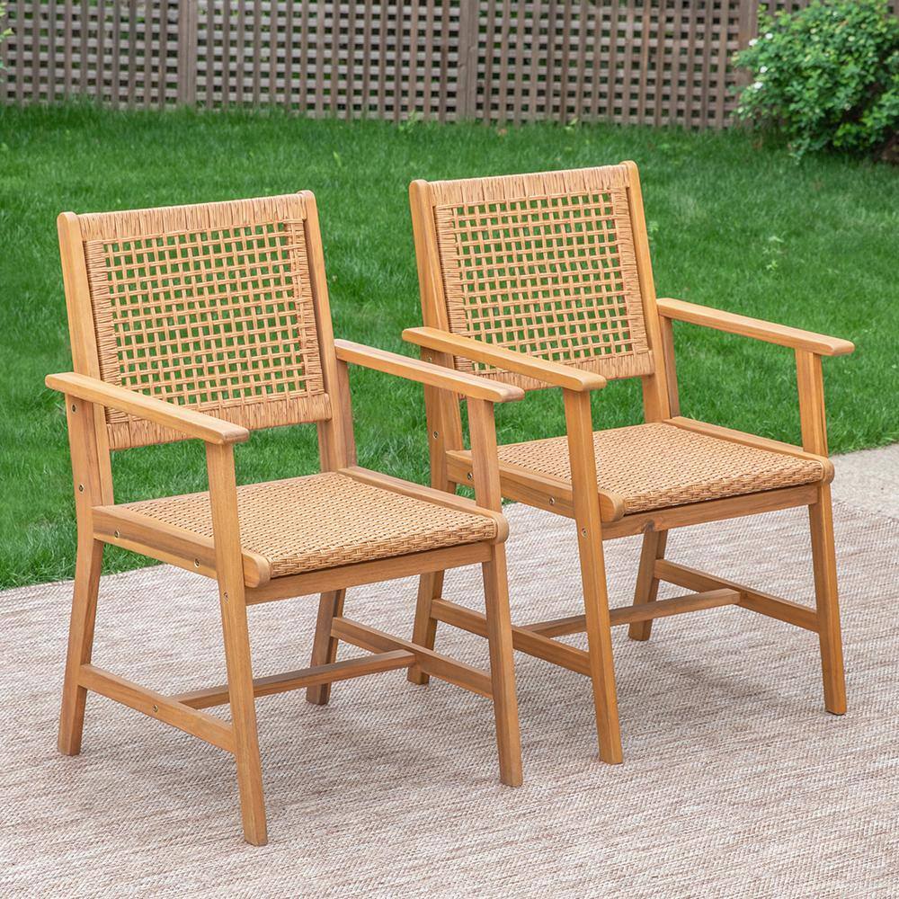 Brown Acacia Wood and Rattan Outdoor Dining Armchairs, Set of 2