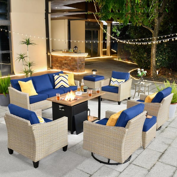 HOOOWOOO Oconee 9-Piece Wicker Patio Conversation Sofa Set with Swivel Rocking Chairs, a Storage Fire Pit and Navy Blue Cushions