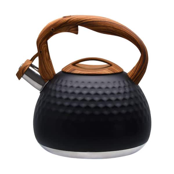 3.1 qt. 12-Cup Stainless Steel Whistling Induction Stovetop Tea Kettle with Wood Pattern Handle in Black