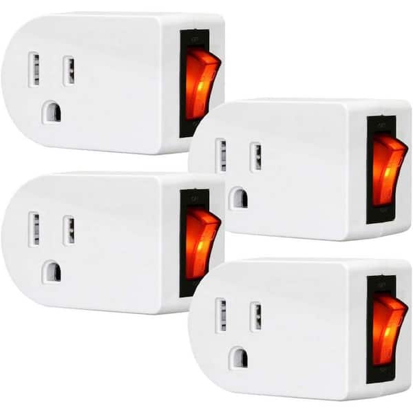 Grounded 1-Outlet Wall Tap Adapter with Red Indicator On/Off Power Switch in White (4-Pack)