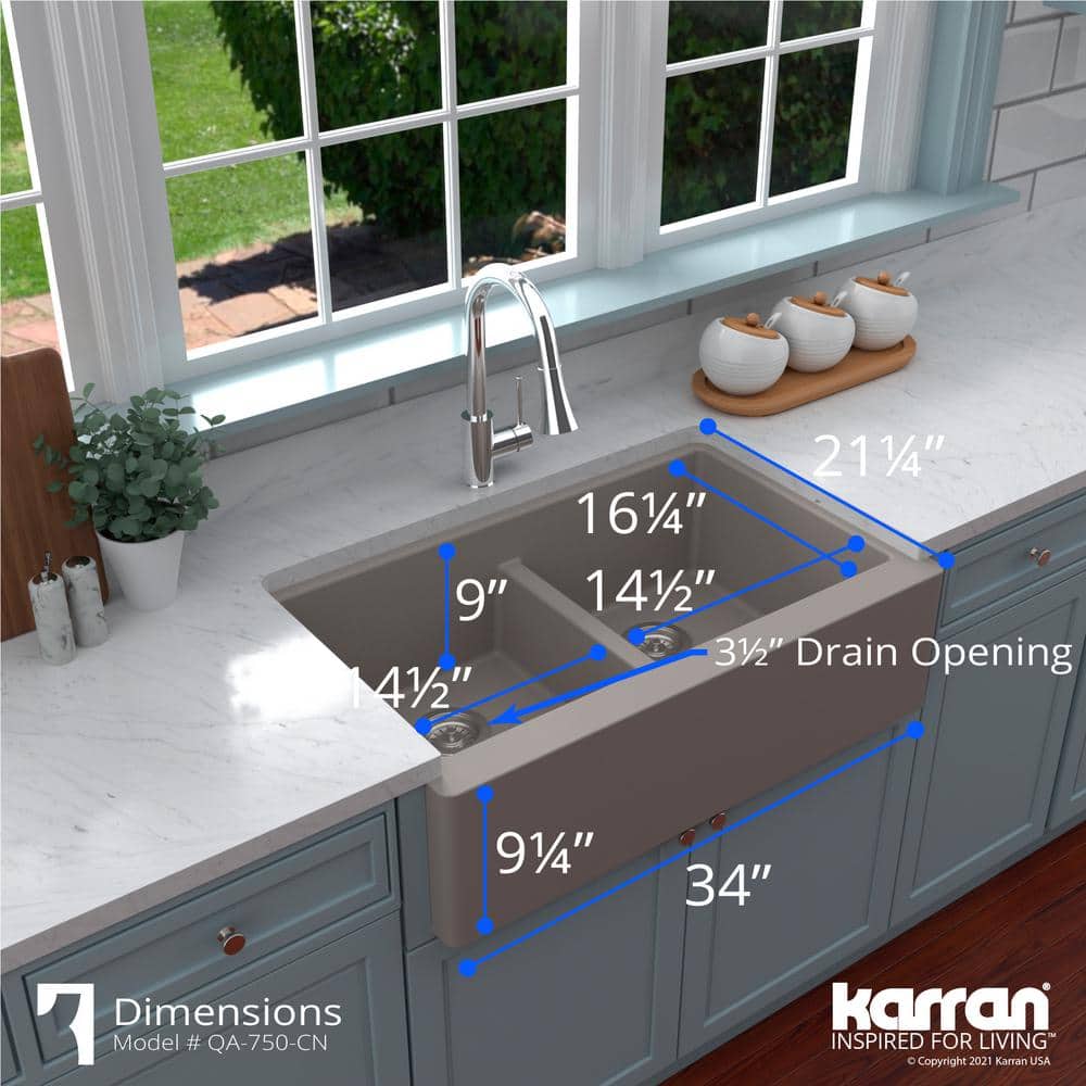 Concrete Quartz Composite Farmhouse Apron Front Double Bowl Kitchen Sink