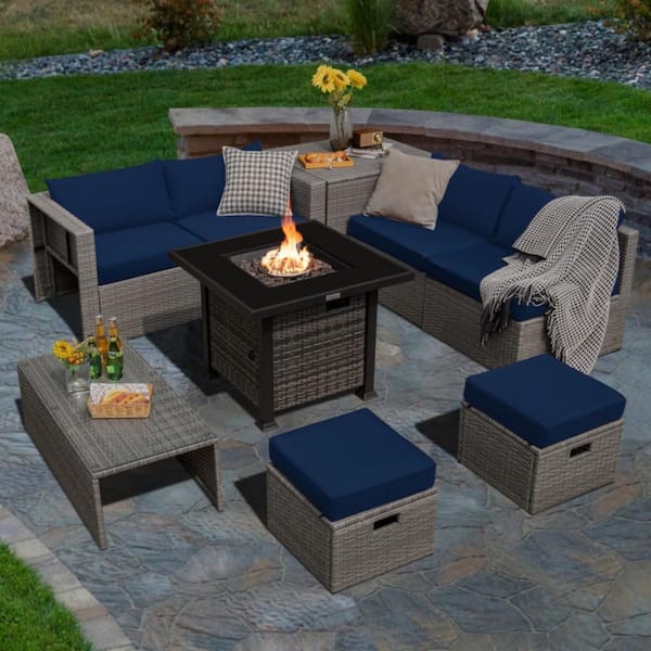 Kadehome 9-Piece Wicker Patio Conversation Set with Navy Cushions