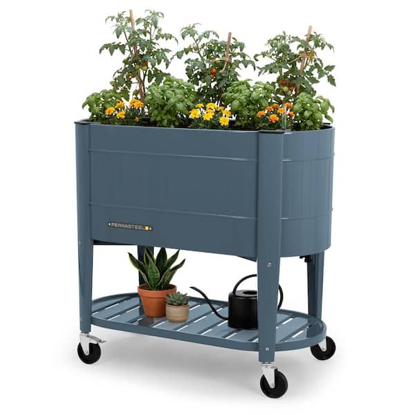 39 in. L x 19.25 in. W x 14.5 in. H Raised Steel Garden Bed with EnGrow TrueSoil Technology, Storage Shelf, Blue