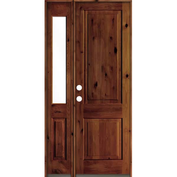 Krosswood Doors 44 in. x 96 in. Rustic knotty alder 2-Panel Right-Hand/Inswing Clear Glass Red Chestnut Stain Wood Prehung Front Door