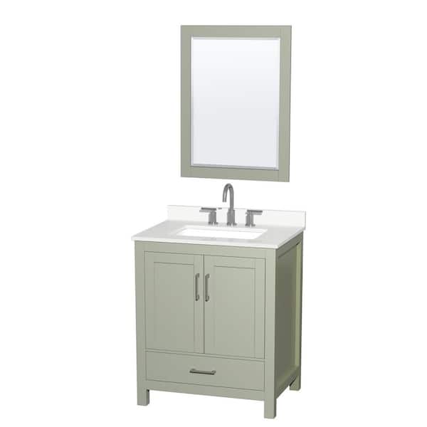 Sheffield 30 in. W x 22 in. D x 35 in. H Single Bath Vanity in Light Green with White Quartz Top and 24 in. Mirror