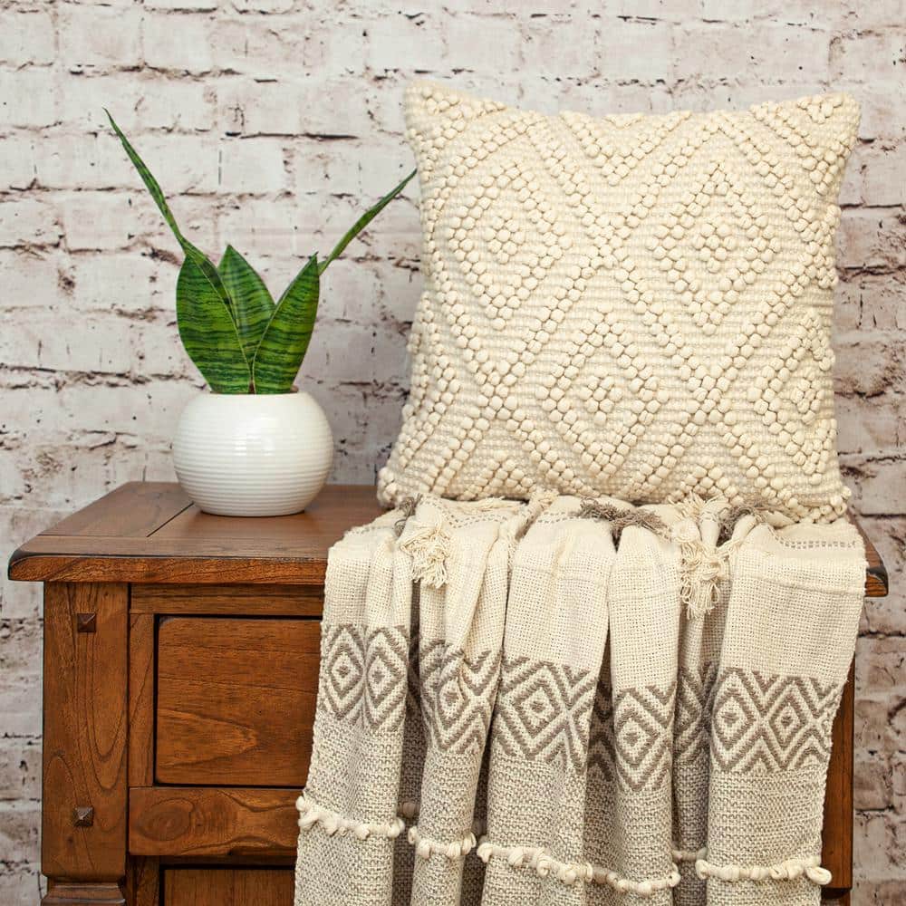 Off-White Cotton Geometric 20" Square Pillow