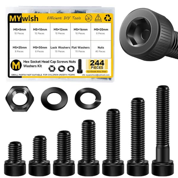 244-Piece M5 Hex Socket Head Cap Screws, Nuts and Washers Assortment Kit, Metric Hex Drive Bolt Set
