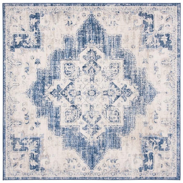 Brentwood 10 ft. x 10 ft. Square Ivory/Navy Floral Medallion Border Area Rug