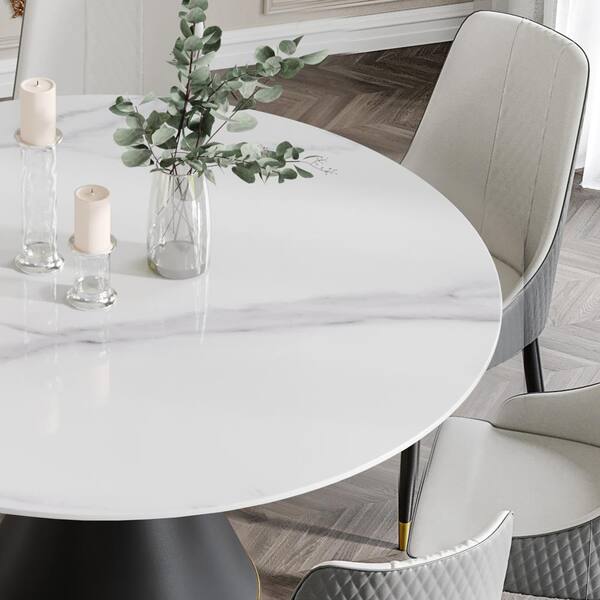 J&E Home 59.05 in. White Modern Round Sintered Stone Dining