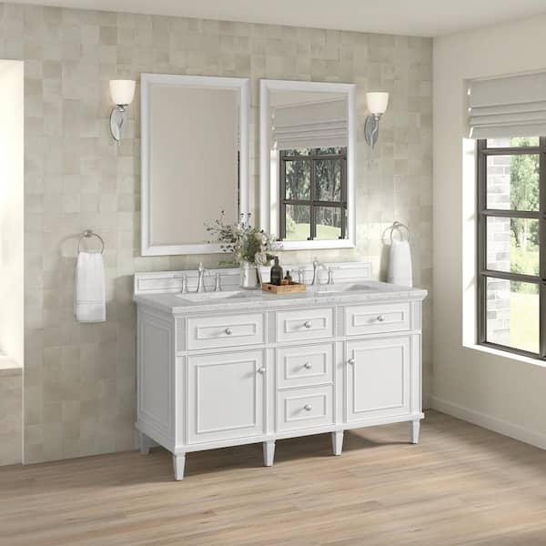 James Martin Vanities Lorelai 60.0 in. W x 23.5 in. D x 34.06 in. H Double Bath Vanity in Bright White with Eternal Jasmine Pearl Quartz Top