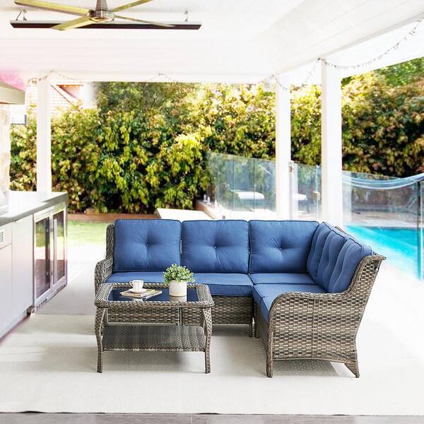 Gymojoy Carolina 4-Piece Gray Wicker Outdoor Patio Sectional Sofa Set with Blue Cushions and Coffee Table